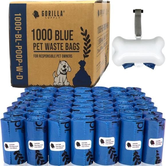 Dog Poop Waste Bags with Dispenser and Leash Tie, 9" x 13", Blue, 1000 Count - Picture 1 of 6